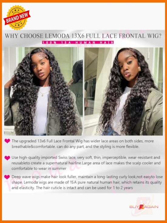 13x6 Full Lace Frontal Wig Human Hair 200% Density Deep Wave 20 inch main image 6